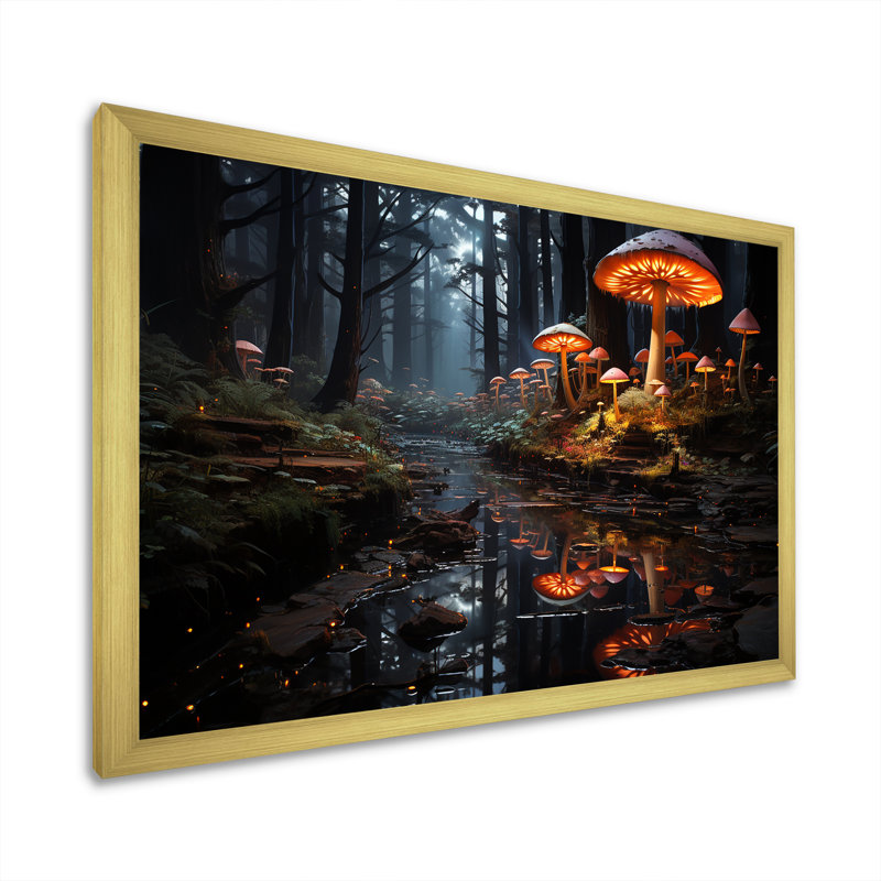 Muscroom Dreamscape Forest III - Art mural fantastique, Cadre doré à coins fermés, H 24 po x l 32 po x P 1 po