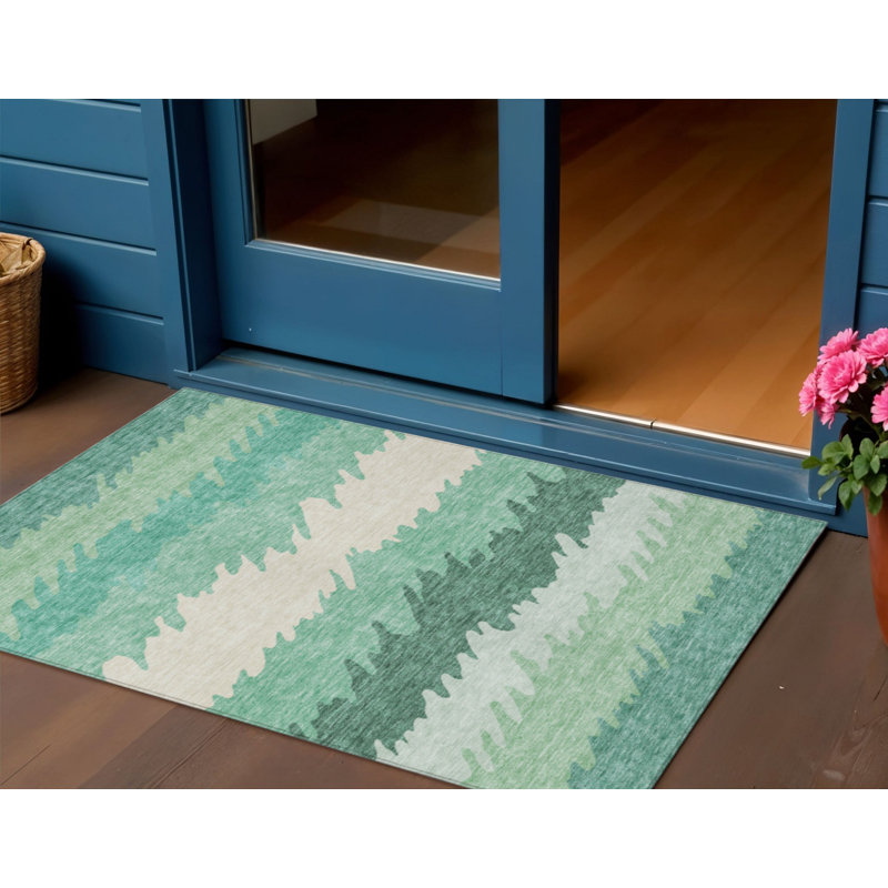 Tapis intérieur lavable rayé vert sauge et ivoire 3 pi x 5 pi