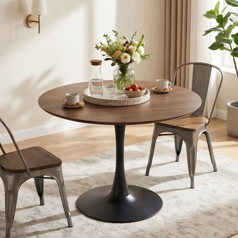 Table de salle à manger ronde 31,5 po Tulip, H 29,1 po x L 31,5 po x l 31,5 po, Noyer, Noir