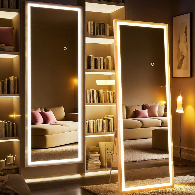 64x21 Inch Full Length Mirror with Lights, Full Body Dressing Standing, Hanging Mounted Mirror for Living Room Bedroom Cloakroom, Square Black