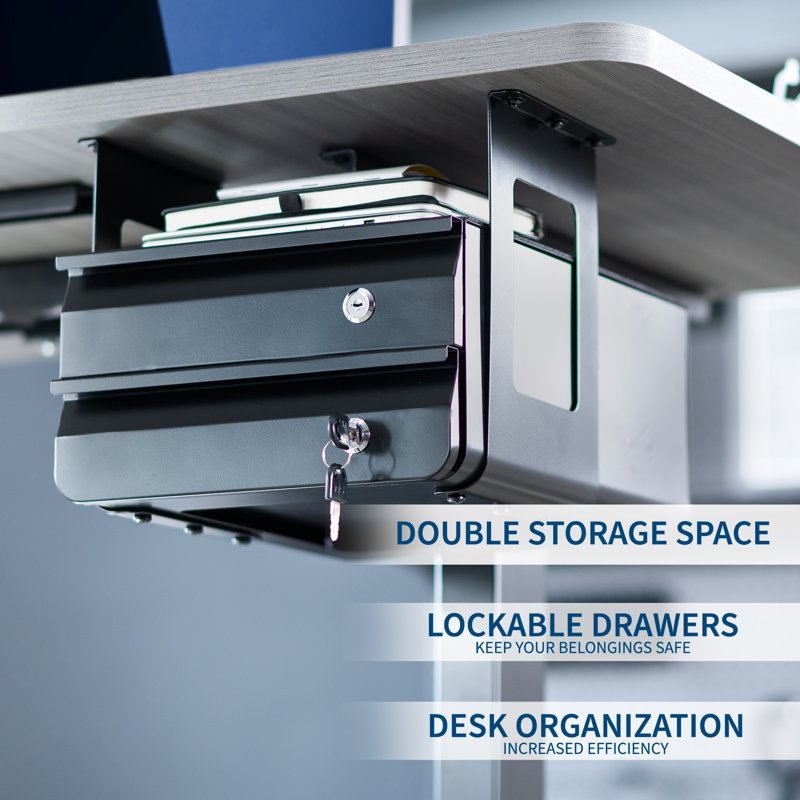 Black Steel Under Desk Lockable Double Drawer Storage Organizer