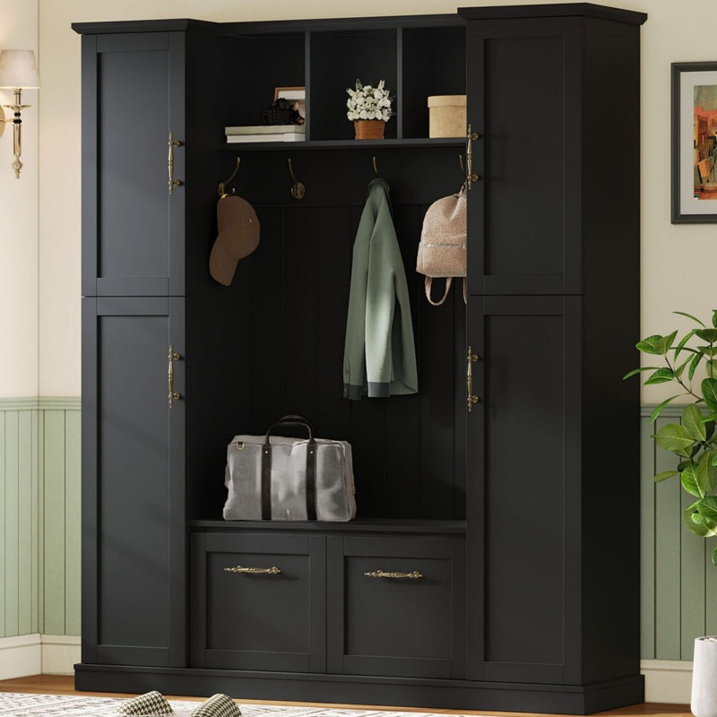 Hall Tree 60'' Wide With Bench And Shoe Storage, Black