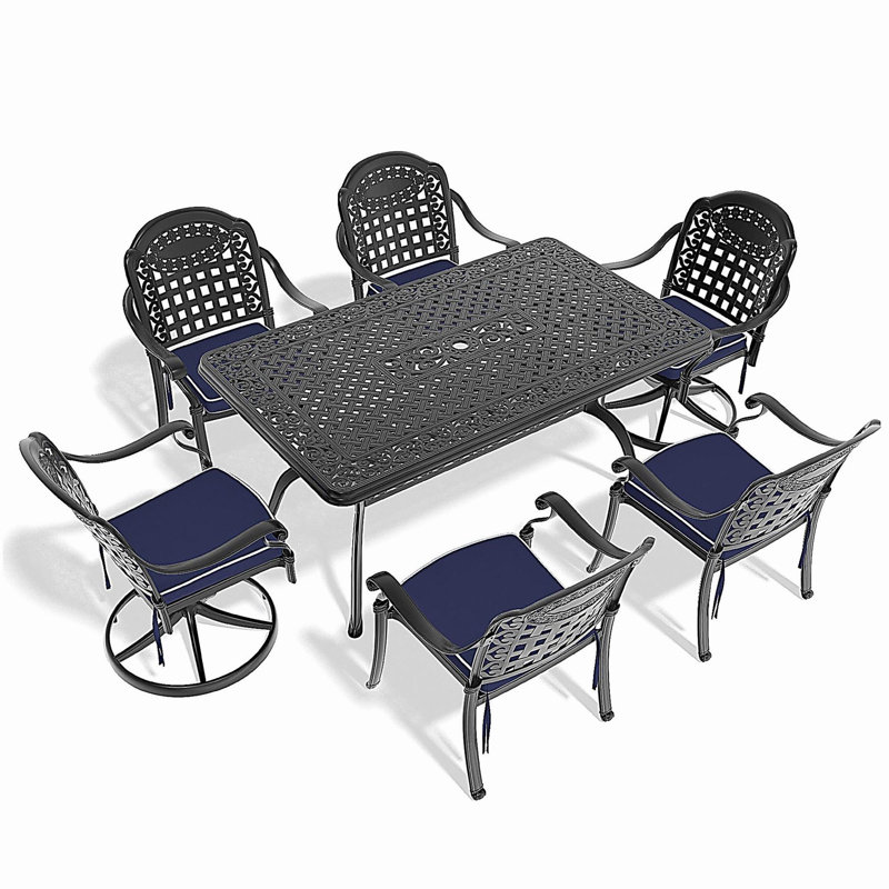 Ensemble de salle à manger 7 pièces en fonte d'aluminium toutes saisons comprenant 2 chaises pivotantes, 4 chaises et une table rectangulaire avec cadre noir