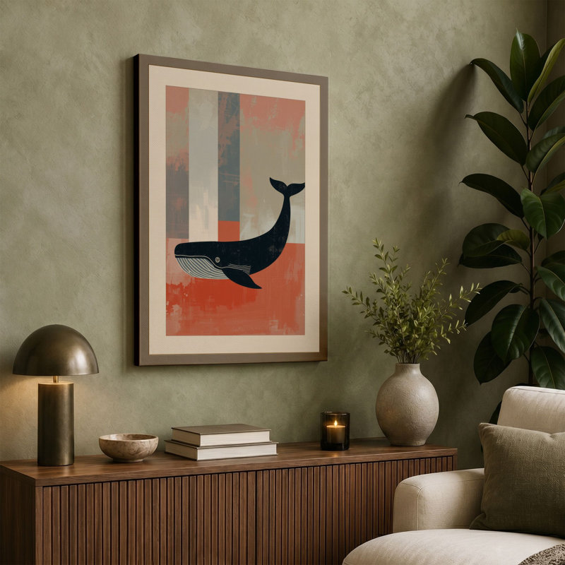Whale in Geometry Mid-Century - Wrapped Canvas, 36x24 - 91.4 x 61.0 cm, Cream Border