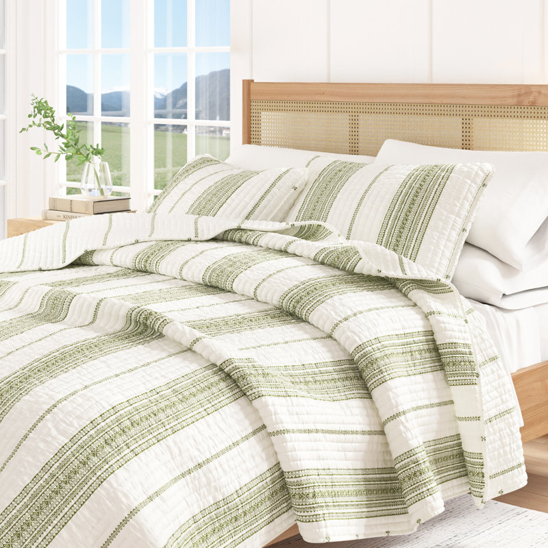 Ensemble de courtepointe réversible rayé de style campagnard avec taies décoratives, Blanc / vert