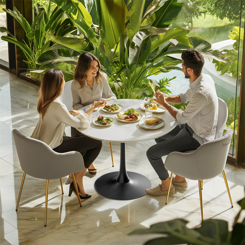 Sintered Stone Top Dinging Table Round Kitchen Bistro Table, White, Black, 30.9" H x 30.9" W x 33.66" D