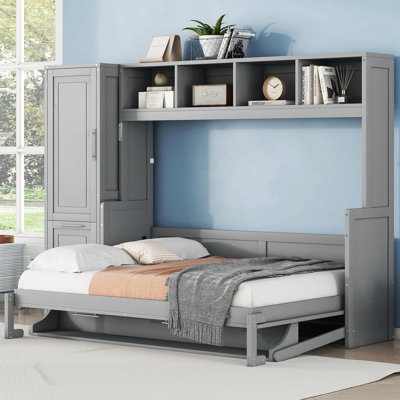 Lit escamotable double pleine grandeur avec placard et tiroirs, gris