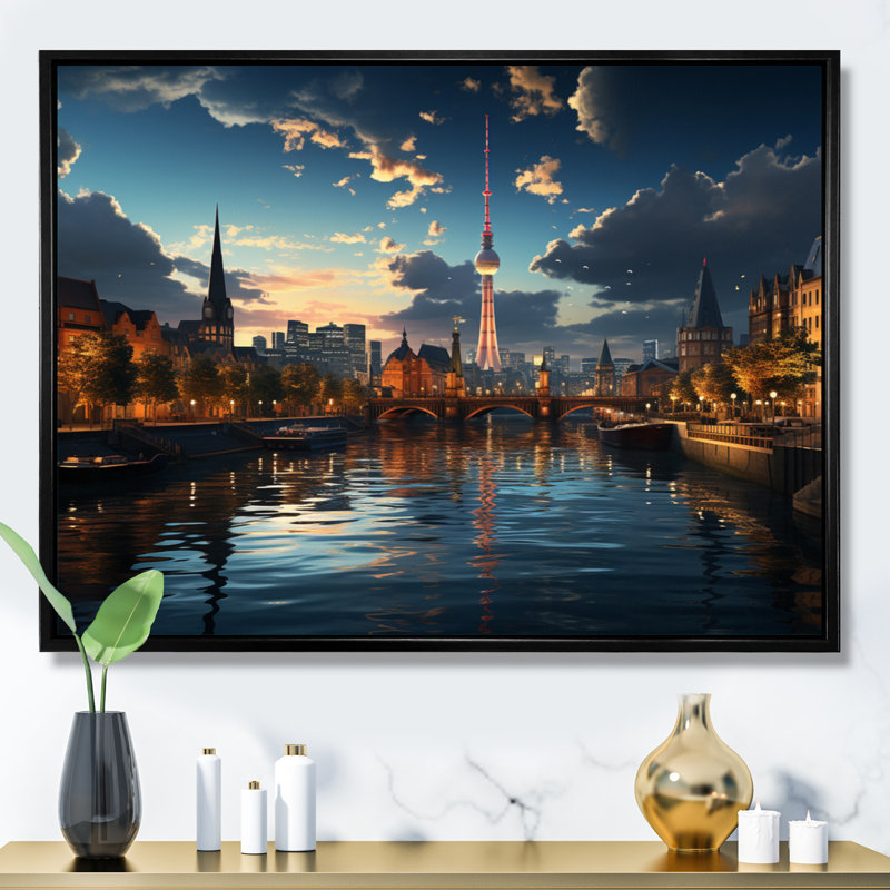 «Berlin Beautiful Cityscape Spot I - Berlin», reproduction d'art sur toile, H 34 po x l 44 po x P 1,5 po, Cadre photo noir