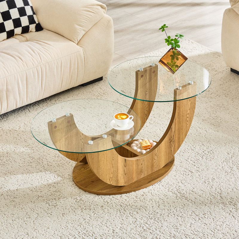 Table basse moderne en verre trempé Mid-Century à 2 niveaux avec base en bois en forme de U, Wood