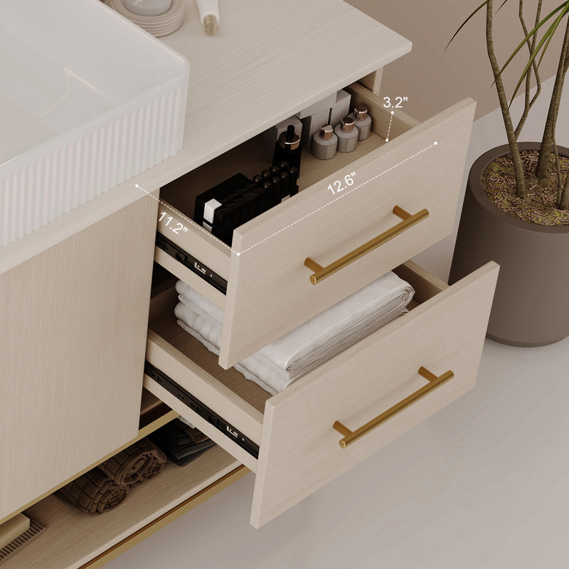 47.2" Modern Vanity With Gold Accent, Ceramic Vessel Sink, Water- Countertop, Smart Storage Design Bathroom Multi-Layer Wood Board, Ample For Personal Care Items