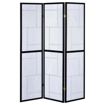 Black 3 Room Divider Folding Screen, With White Paper Panels For Privacy And Soft Diffusion, Rubberwood Decor - Compatible Foundation Screen Divider,