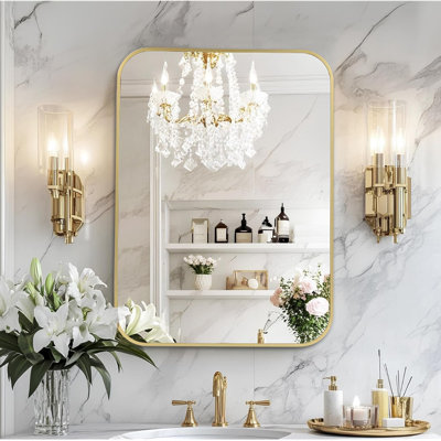 30X36 Inch Large Brushed Gold Vanity Mirror, Rectangle Bathroom Mirror For Over Sink, Anti-Rust Frame & Tempered Glass, Hangs Both Ways – Perfect For Living Room Or Bathroom Wall Decor