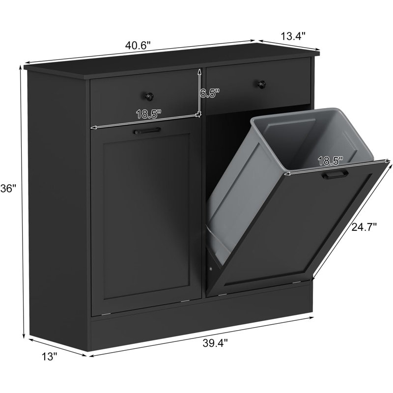 Wooden Tilt Out Trash Can Cabinet, 20 Gallon Hidden Garbage Can Cabinet with Deodorizing Function, Double Laundry Cabinet with 2 Drawers for Kitchen
