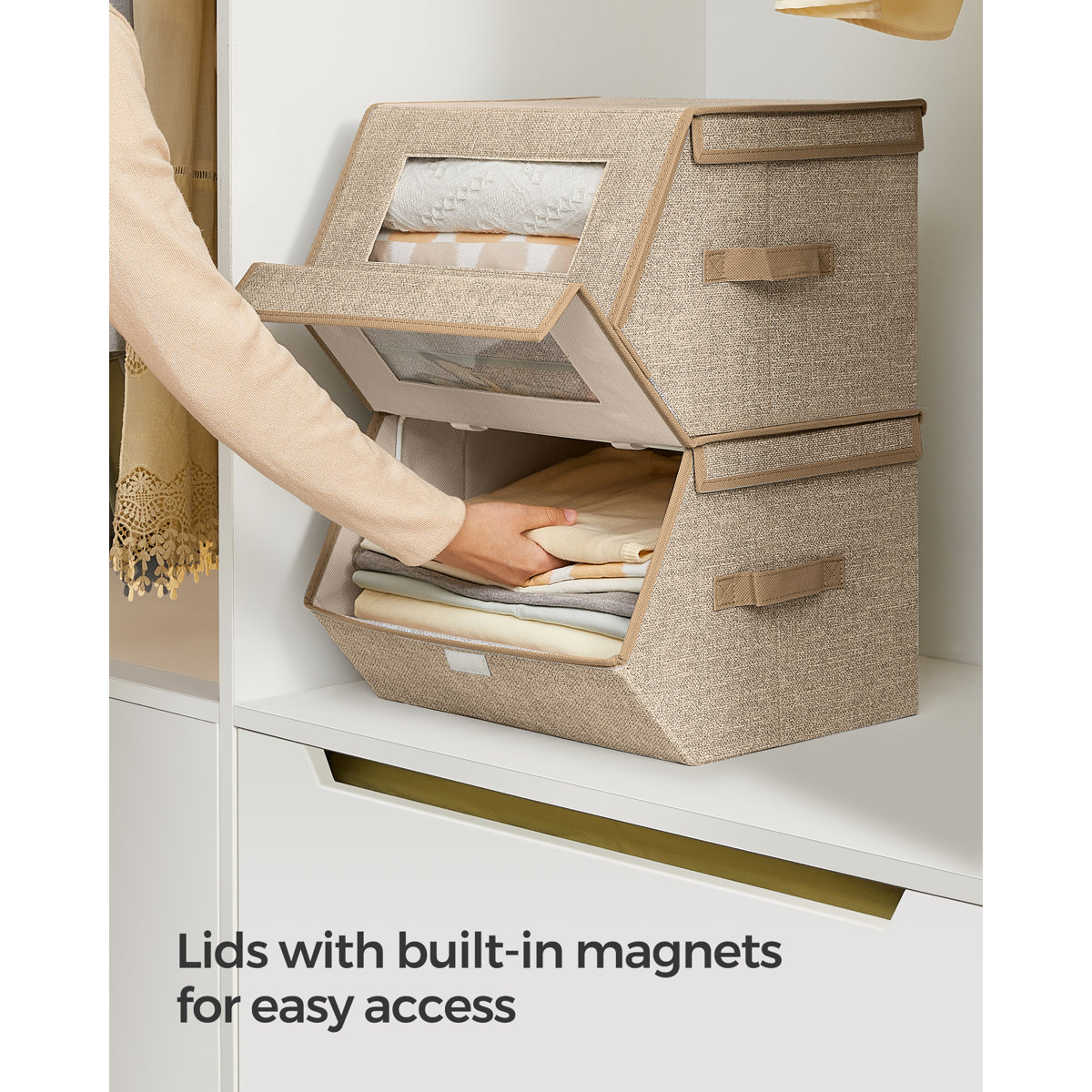 Stackable Storage Bins Set Of 2, Storage Boxes With Lids And Windows, Non-Woven Fabric Closet Organizers With Magnetic Closures, Side Handles (Set of 2)