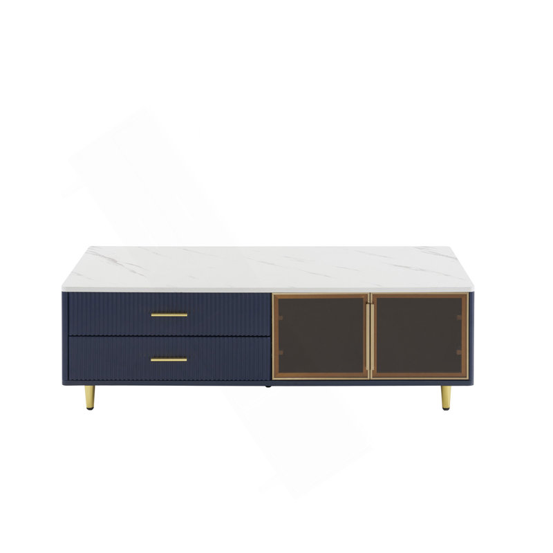 Table basse rectangulaire avec 2 portes de rangement en verre, 4 tiroirs, pieds en métal doré et éclairage multicolore de 47,2 po