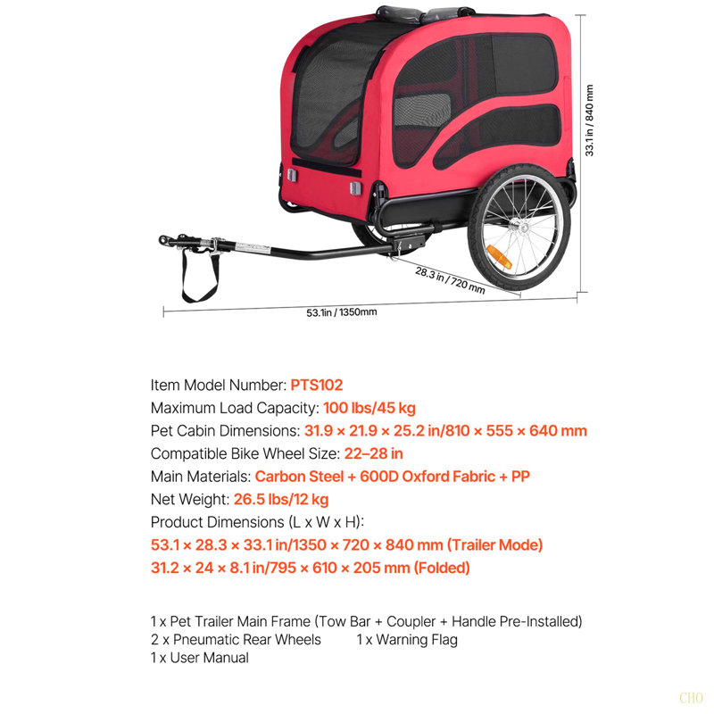 Remorque pour chien, supportant jusqu'à 100 lb, chariot de transport pour animaux de compagnie pour petits et grands chiens, cadre pliant facile avec roue à dégagement rapide, coupleur de vélo universel, réflecteur, drapeau, laisse interne