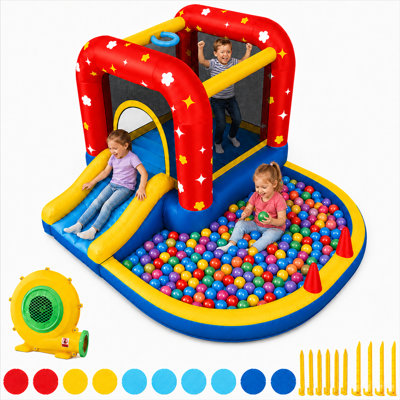 Jeu gonflable pour enfants de 3 à 10 ans avec glissade et fosse à balles. Maison gonflable pour l'intérieur et l'extérieur avec ventilateur, panier de basketball pour tout-petit