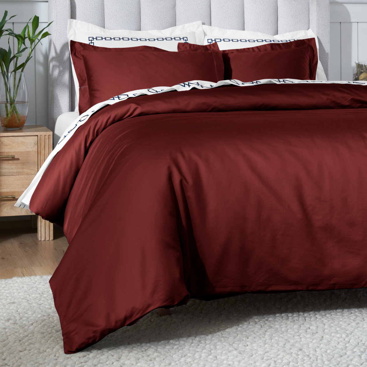 Egyptian Cotton Duvet Cover Set, Burgundy, Full/Queen Duvet Cover + 2 Pillow Sham