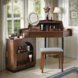 55.9" Corner Vanity Desk with Tri-Fold LED Mirror, Adjustable Lighting Dressing Table with Storage Shelf & PU Stool