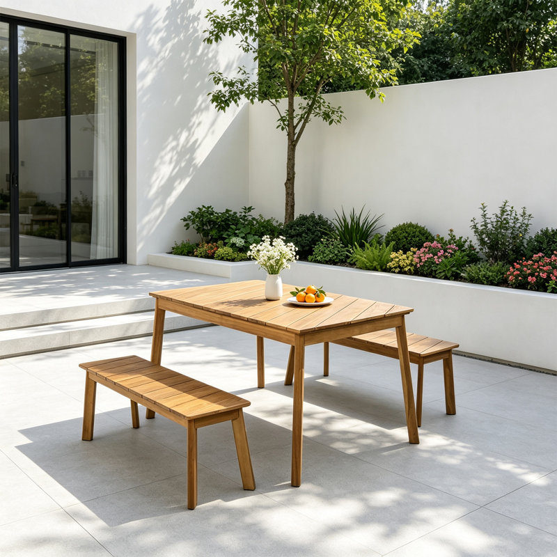Ensemble de salle à manger 3 pièces en bois d'acacia naturel avec 2 bancs, table de pique-nique pour l'extérieur