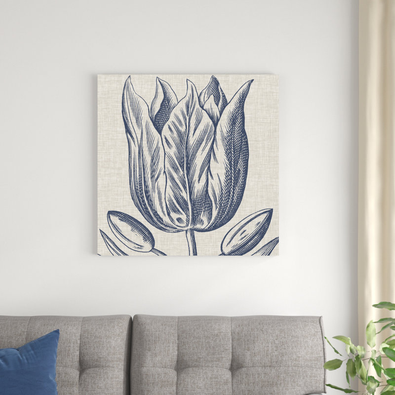 Indigo floral sur lin VI, H 30 po x l 30 po x P 1,25 po