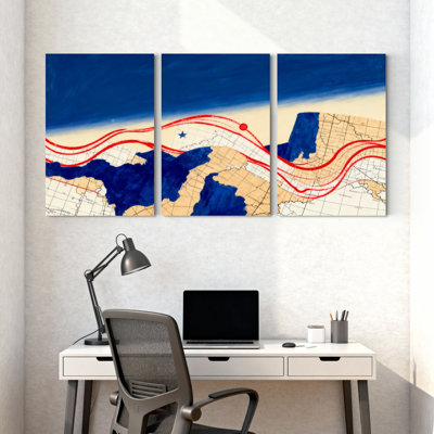 Nautique et plage, carte abstraite avec lignes et fond, ensemble de 3 impressions sur toile