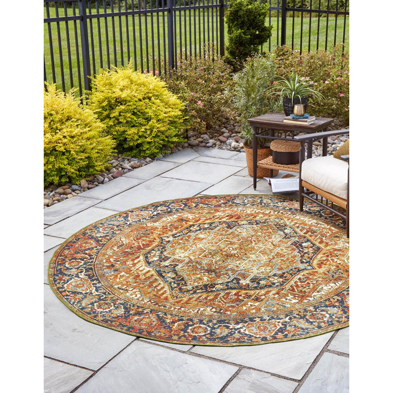 Tapis traditionnel rouille intérieur / extérieur Jaheim, Rond 7 pi 10 po