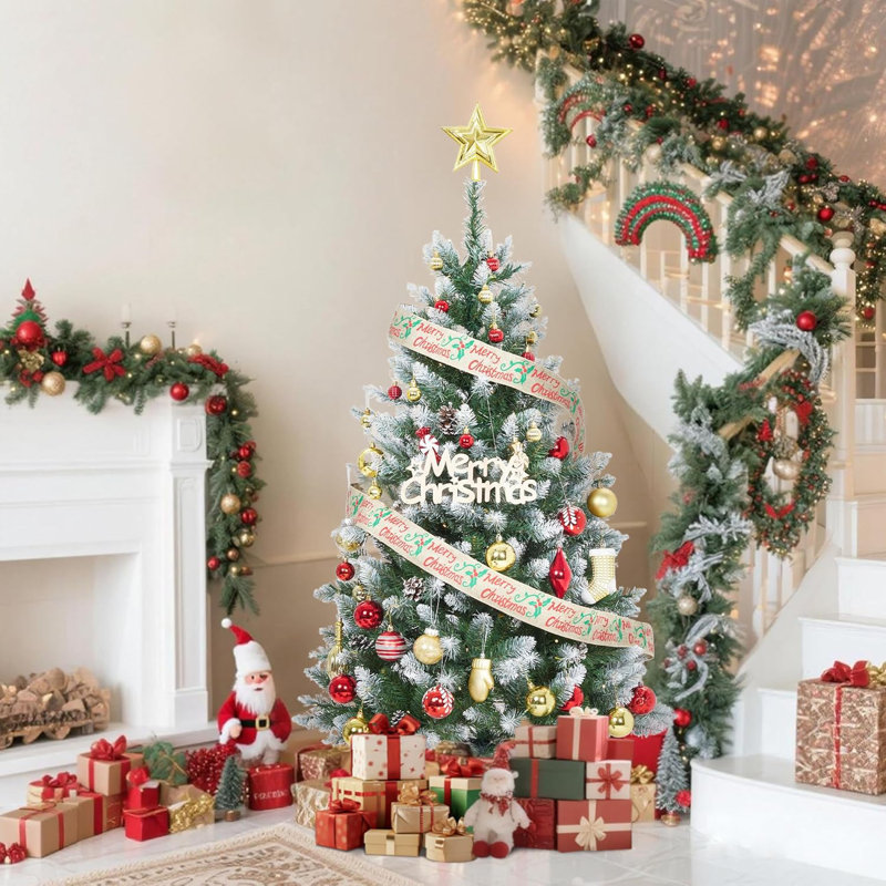 Arbre de Noël artificiel illuminé 6 pi avec 200 lumières DEL, 500 branches réalistes et un pied en métal - Assemblage facile pour la maison, le bureau et les fêtes