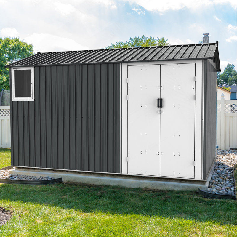 8X12 Ft Metal Outdoor Storage Shed With Window, Floor Base, Air Vents And Double Hinged Door