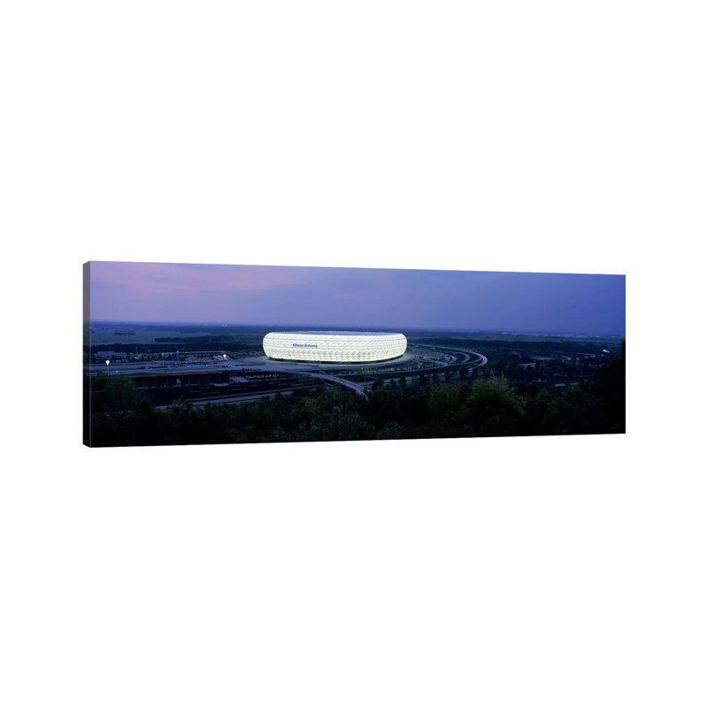 Soccer Stadium Lit Up at Nigh, Allianz Arena, Munich, Bavaria, Germany 1 Piece Wrapped Canvas Panoramic Wall Art