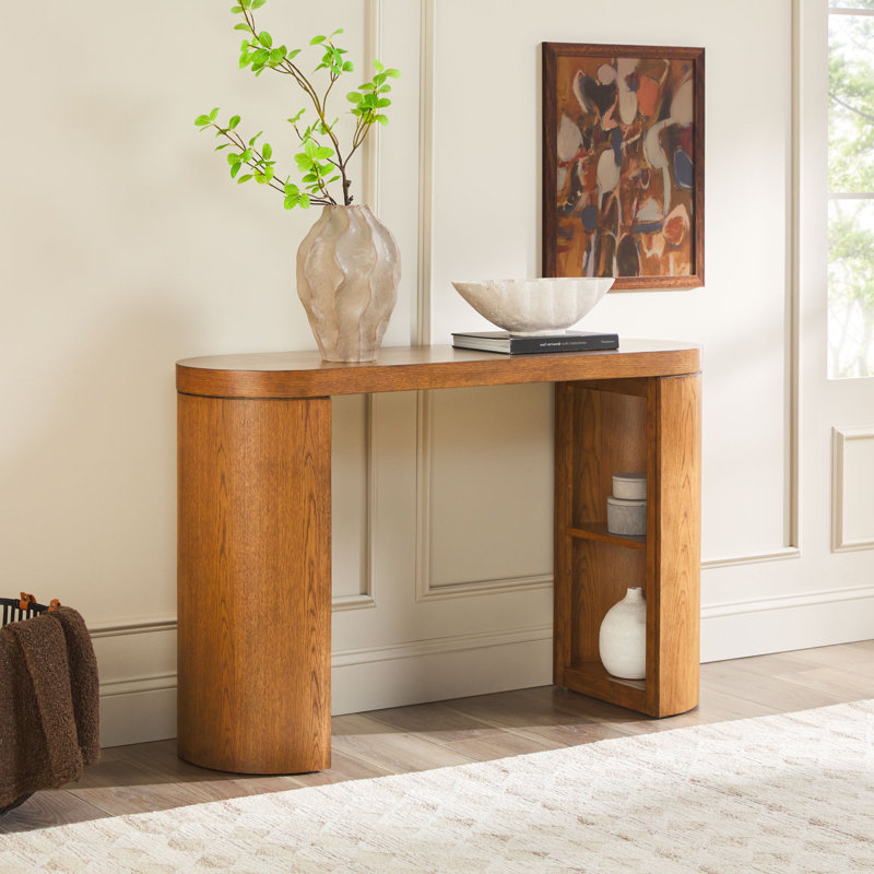 Modern Solid Wood 48" Console Table With Column Legs And Storage, Medium Brown Oak