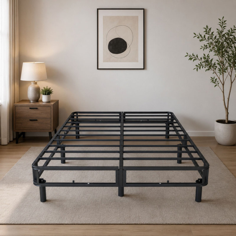 Structure de lit en fer plat 14 po avec housse Andrew, aucun sommier nécessaire, Queen
