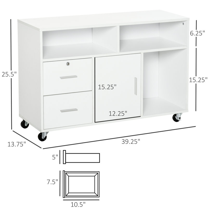 Imprimante bureau à domicile bureau mobile organisateur de bureau avec roulettes, 2 casiers verrouillables et tiroir, blanc