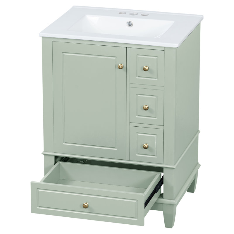 Hutton 24" Freestanding Bathroom Vanity with Ceramic Sink, Drawers & Shelves, Light Green
