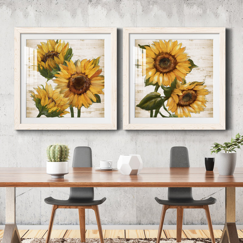 Tournesol d'été I - ensemble de 2 peintures, H 20 po x l 40 po, Papier dans un cadre photo, Blanc