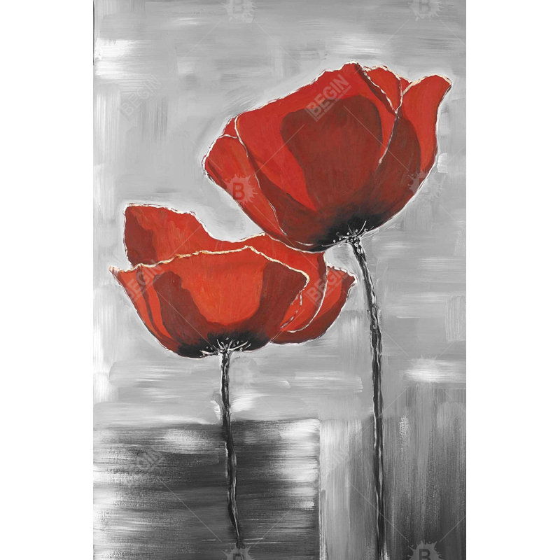 Two red flowers on a grayscale background Bath Mat with Non-Slip Backing - Quick Dry Memory Foam Bathroom Rug - Absorbent - Modern Plush Spa-Style - Machine Washable