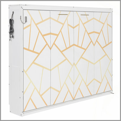 Queen-Size Modern Side-Folding Murphy Bed with Trendy Printed Pattern, LED Under-Bed Lighting & Built-In USB Outlet – Space-Saving Design-White