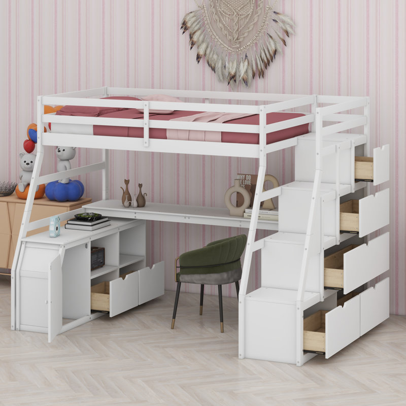 Lit mezzanine avec tiroirs, tablettes et bureau, blanc, Lit simple