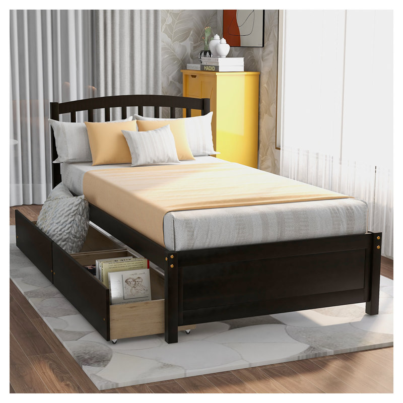 Lit plateforme simple avec rangement Espresso et tête de lit - Structure en bois massif, 2 tiroirs roulants et aucun sommier requis