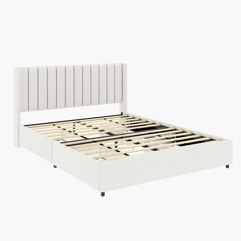 Boucle Upholstered Platform Bed with Wingback Headboard and Drawer Storage, Queen, Ivory, 4 Drawers