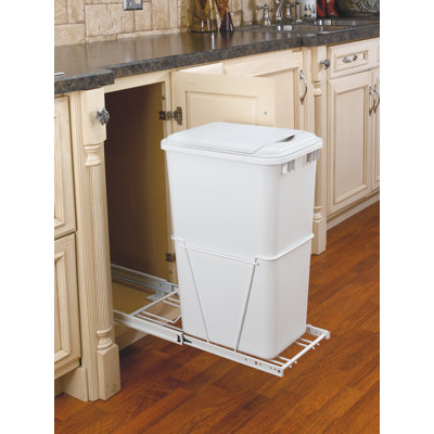 Single White 50 Qt. White Steel Wire Bottom Mount Waste Container w/ Lid and 3/4-Extension Slides for 15" Base Cabinets