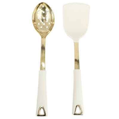 Martha Stewart Lockton 2 Piece Stainless Steel Turner and Slotted Spoon Kitchen Tool Set in Linen w/ Gold