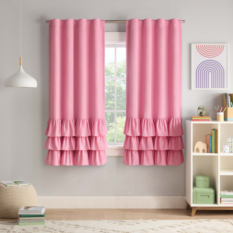 Eclipse Blackout Curtains, Tiered Ruffle Kids Curtains, 63 in x 40 in, Thermaback 100% Blackout Curtains with Rod Pocket Header, Curtains for Kids Room or Playroom, 1 Window Curtain, Pink 