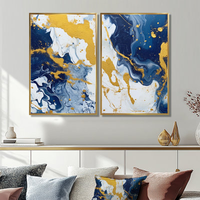Bleu et or, art abstrait fluide de luxe, art mural moderne sur toile bleue 2 panneaux