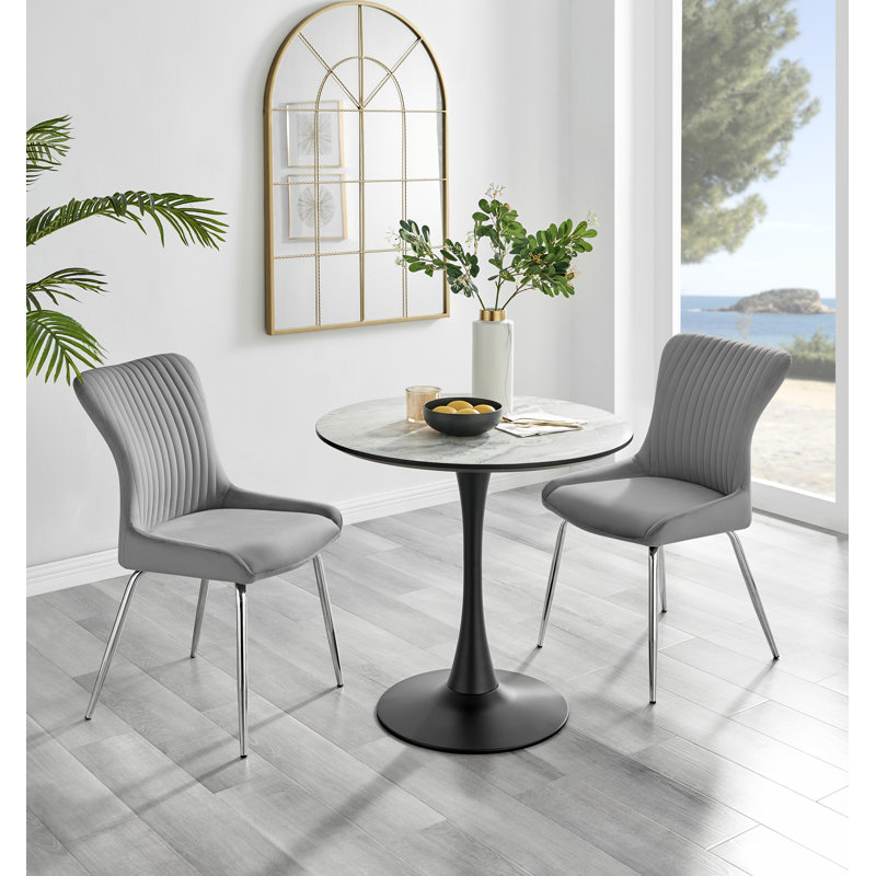 Elina White Marble Effect Melamine Round 80cm Dining Table And 2 Luxury Velvet Dining Chairs, Light Gray/Silver