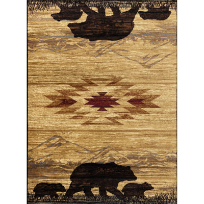 Tapis Nature's Nest Lodge, 2 pi x 3 pi, polypropylène beige, pittoresque avec des montagnes majestueuses et une faune charmante, teinture, polypropylène 2 pi x 3 créatures à thème,