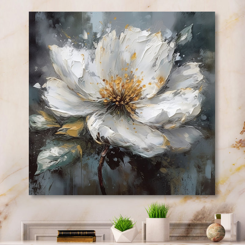 Fleur de pivoine blanche et grise éclatante sur impression métallique, H 16 po x l 16 po x P 1 po