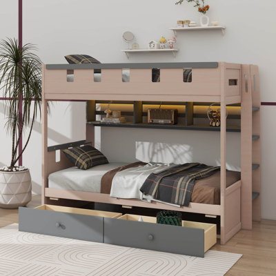 Castle-Styled Bunk Bed Featuring Two Drawers, One Shelf, And Embedded LED Lights