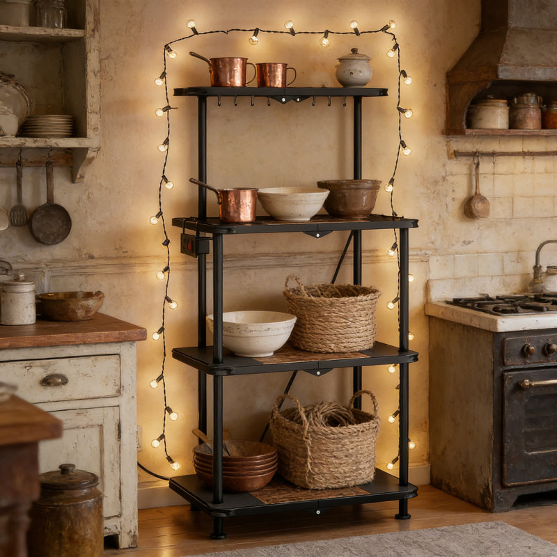 Étagère de cuisine avec prise de courant, support à micro-ondes réglable à 4 niveaux avec assemblage sans outil, multiprise intégrée et crochets pour la station de café