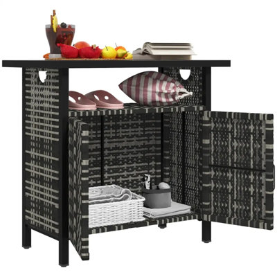 Table de bar d'extérieur gris chiné avec meuble de rangement intégré, meuble de rangement en polyéthylène rotin résistant aux intempéries pour piscine